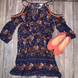 Boho Navy Cold Shoulder Dress